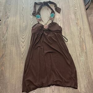 Iz Byer California Sleeveless Beaded Halter Dress Tie Back Stretch Brown Size M